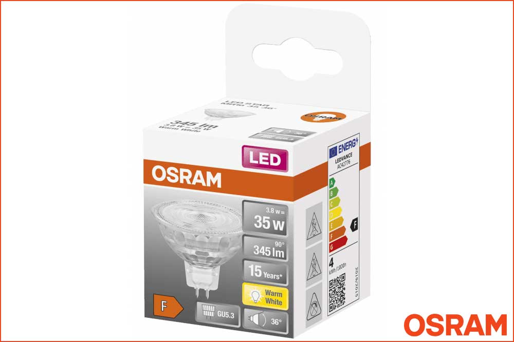OSRAM LED-Lampe Star MR16 35 36°, 345 lm, 3.8 W = 35 W, Warm White, Sockel GU5.3