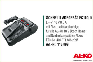 AL-KO 113899 Schnellladegerät FC 100 Li 18 V, mit Ladestandanzeige