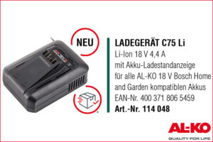 AL-KO 114048 Ladegerät C 75 Li 18 V, mit Ladestandanzeige