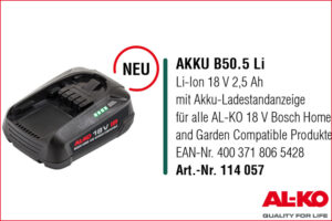 AL-KO 114057 Akku B50.5 Li-Ion 18 V 2.5 Ah, mit Akku-Ladestandanzeige