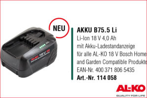 AL-KO 114058 Akku B75.5 Li-Ion 18 V 4.0 Ah, mit Akku-Ladestandanzeige