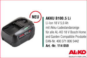 AL-KO 114059 Akku B100.5 Li-Ion 18 V 5.0 Ah, mit Akku-Ladestandanzeige