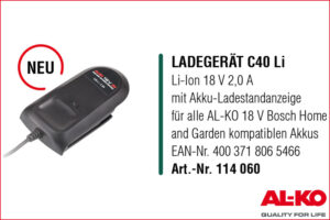 AL-KO 114060 Ladegerät C 40 Li 18 V, mit Ladestandanzeige